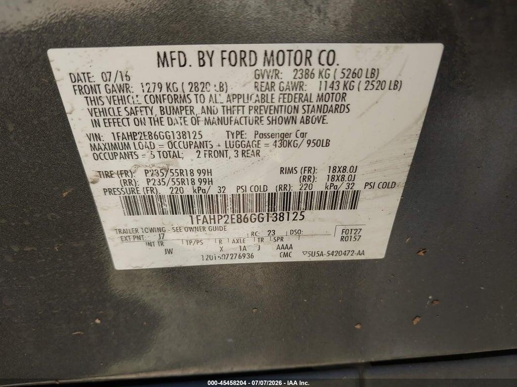 1FAHP2E86GG138125 2016 FORD TAURUS photo no. 9