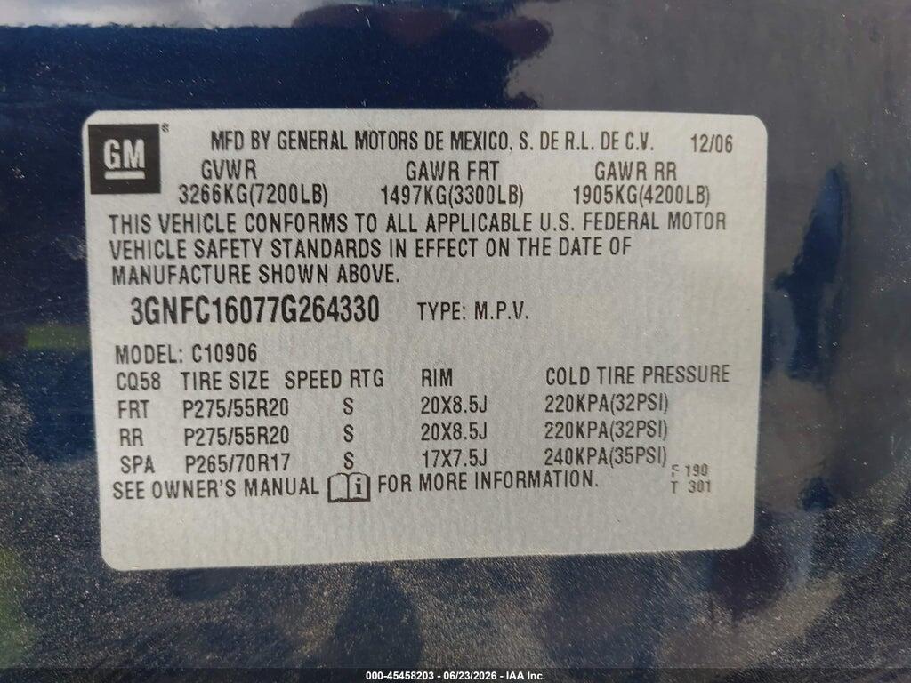 3GNFC16077G264330 2007 CHEVROLET SUBURBAN photo no. 9