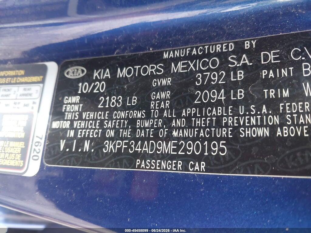 3KPF34AD9ME290195 2021 KIA FORTE photo no. 9