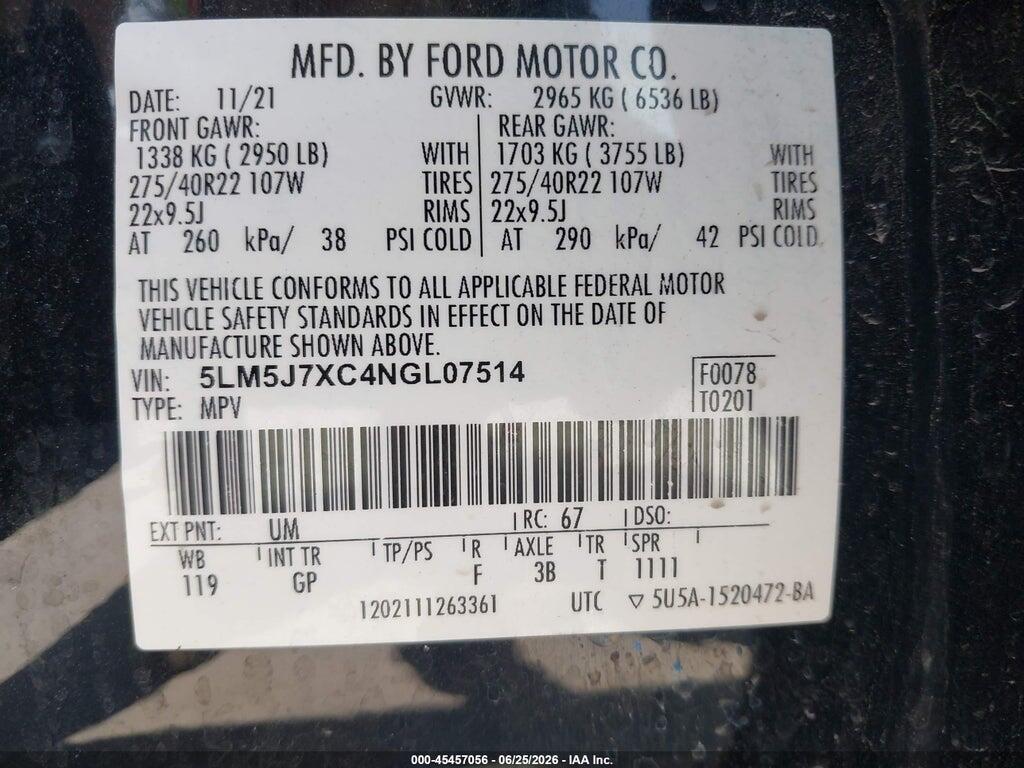5LM5J7XC4NGL07514 2022 LINCOLN AVIATOR photo no. 9