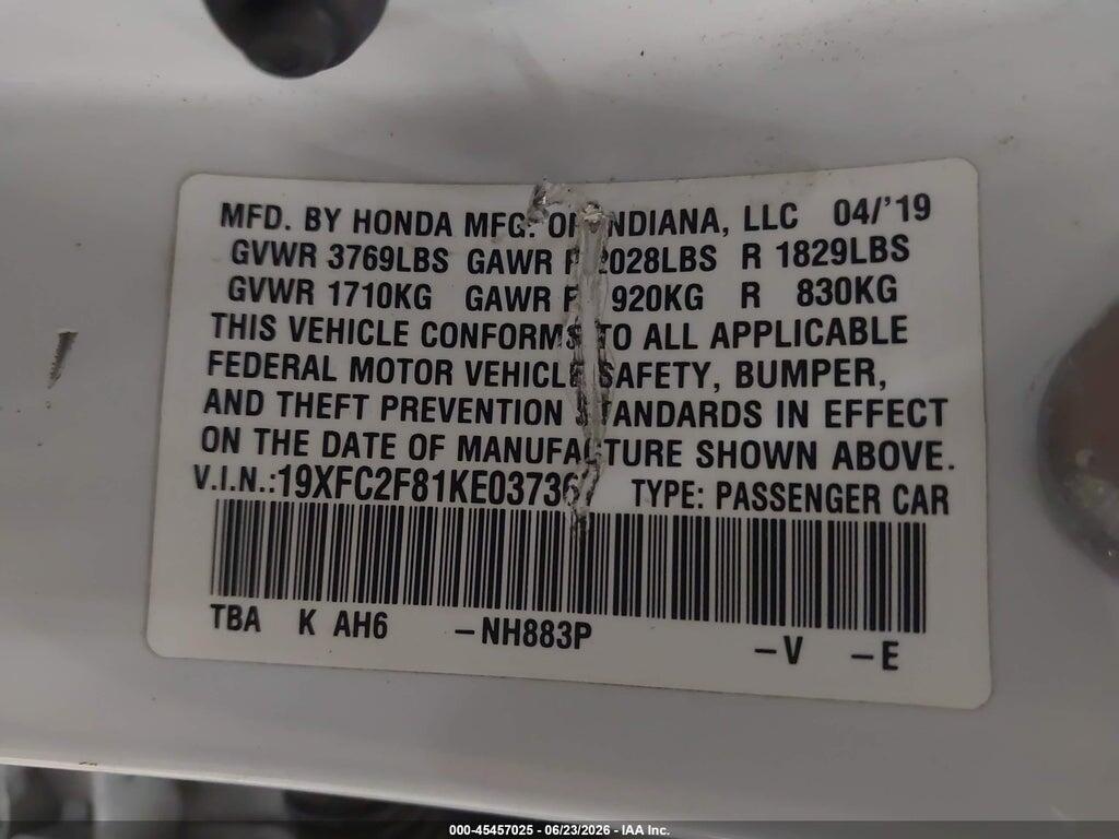 19XFC2F81KE037367 2019 HONDA CIVIC photo no. 9