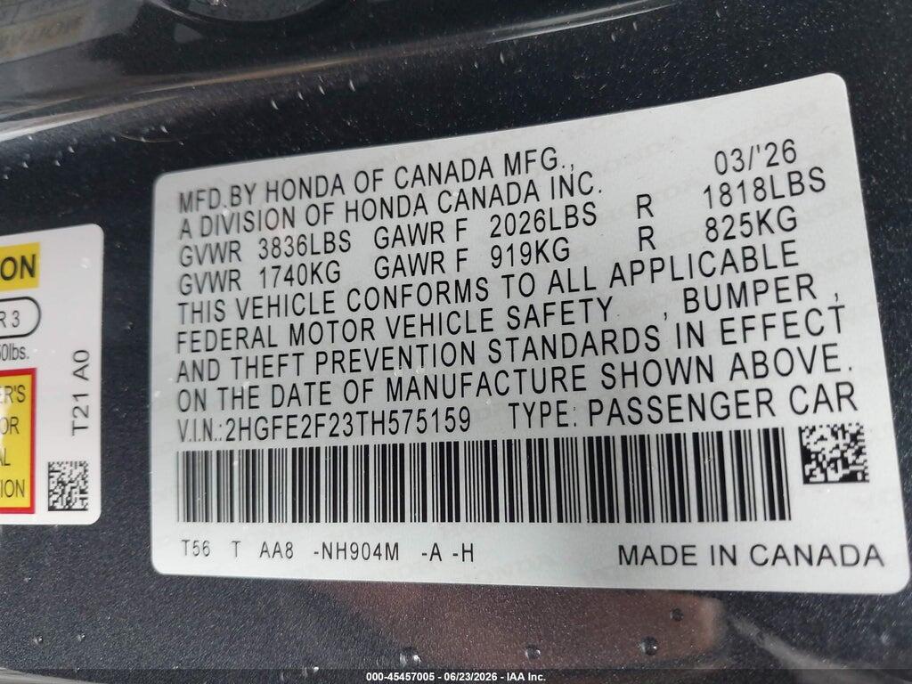 2HGFE2F23TH575159 2026 HONDA CIVIC photo no. 9