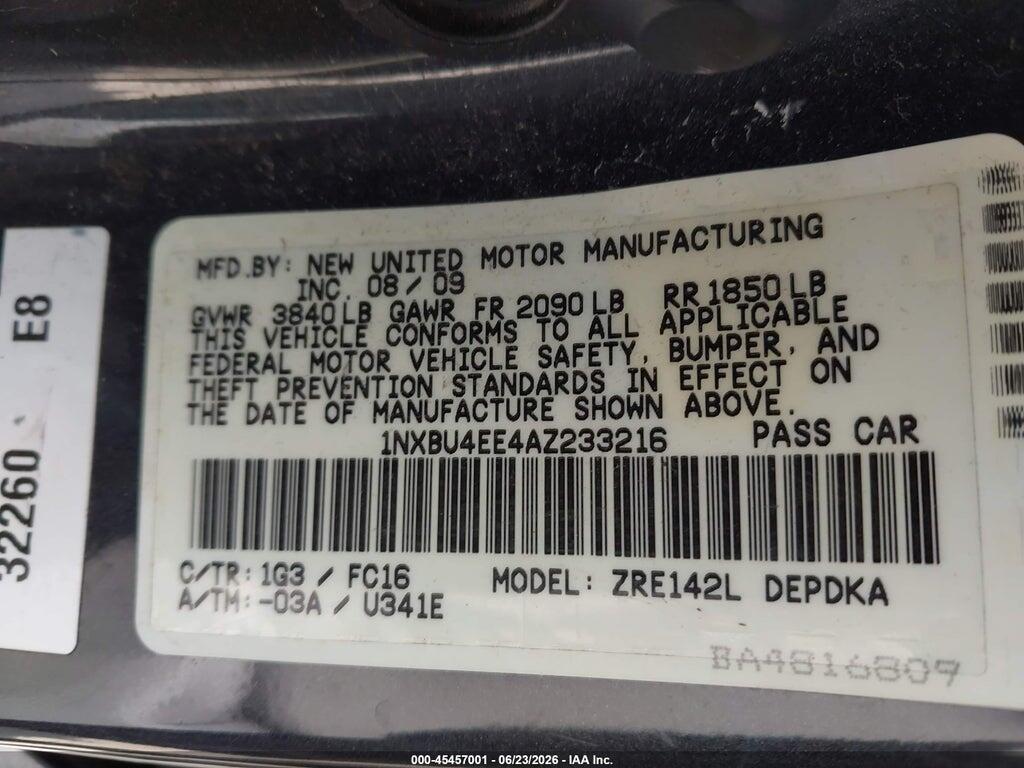 1NXBU4EE4AZ233216 2010 TOYOTA COROLLA photo no. 9