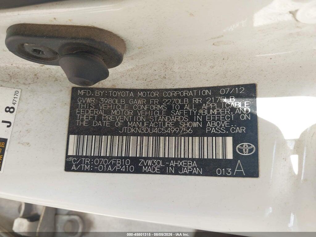 JTDKN3DU4C5499756 2012 TOYOTA PRIUS photo no. 9