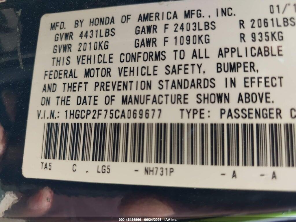 1HGCP2F75CA069677 2012 HONDA ACCORD photo no. 9