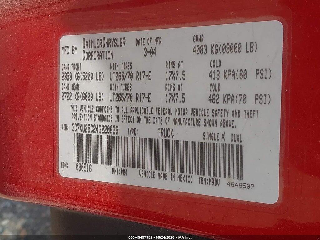 3D7KU28C24G220836 2004 DODGE RAM 2500 photo no. 9