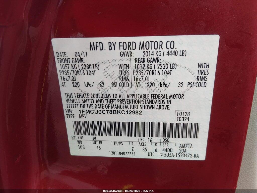 1FMCU0C78BKC12982 2011 FORD ESCAPE photo no. 9
