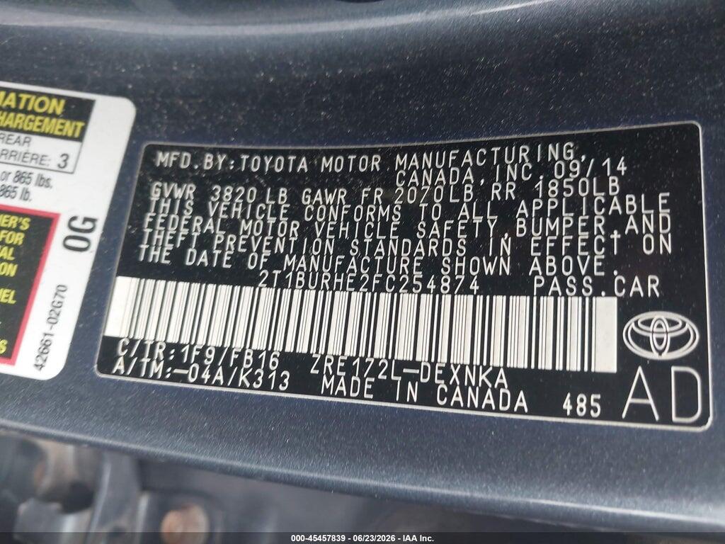 2T1BURHE2FC254874 2015 TOYOTA COROLLA photo no. 9