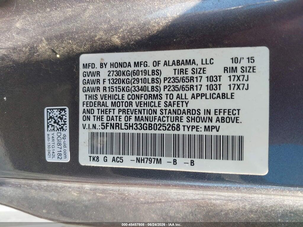 5FNRL5H33GB025268 2016 HONDA ODYSSEY photo no. 9