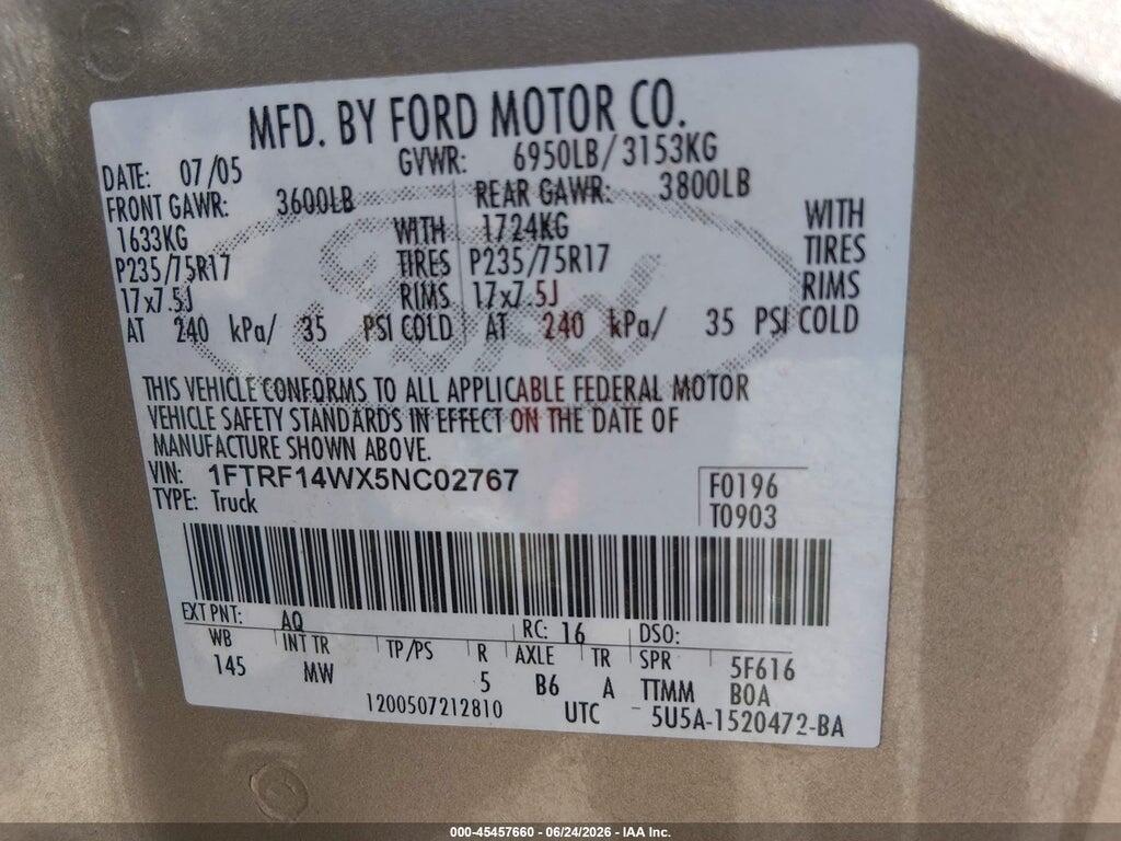 1FTRF14WX5NC02767 2005 FORD F-150 photo no. 9