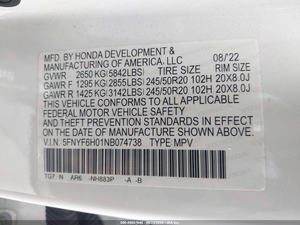 5FNYF6H01NB074738 2022 HONDA PILOT photo no. 9