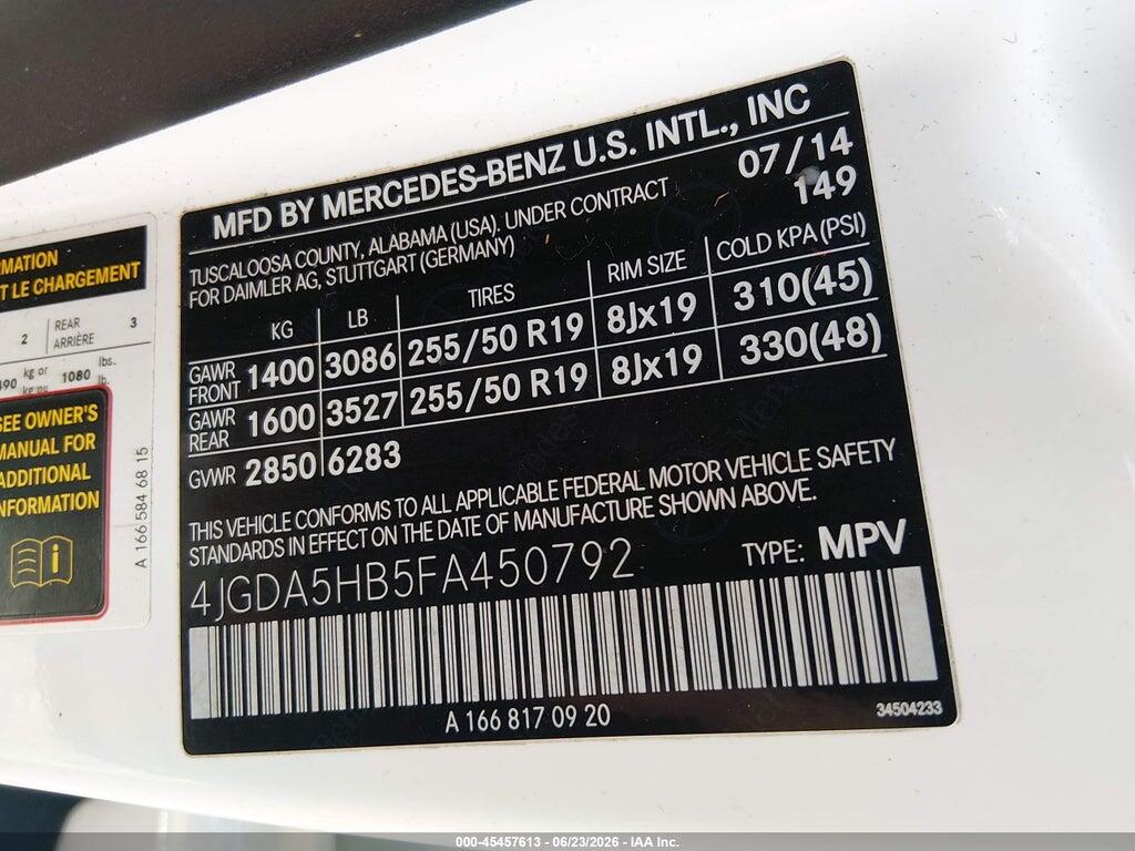 4JGDA5HB5FA450792 2015 MERCEDES-BENZ ML 350 photo no. 9