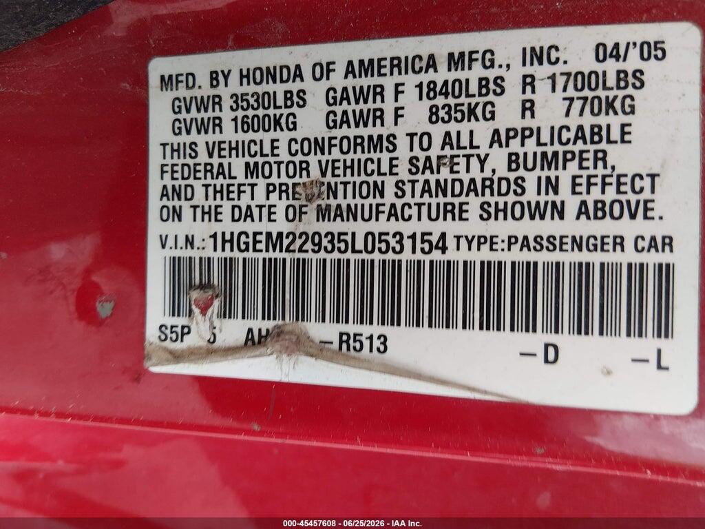 1HGEM22935L053154 2005 HONDA CIVIC photo no. 9