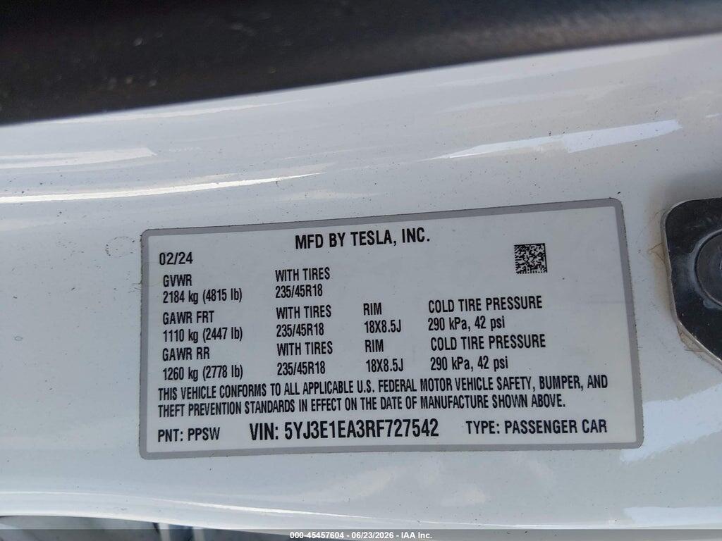 5YJ3E1EA3RF727542 2024 TESLA MODEL 3 photo no. 9
