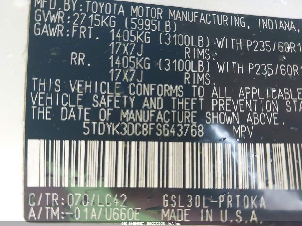 5TDYK3DC8FS643768 2015 TOYOTA SIENNA photo no. 9