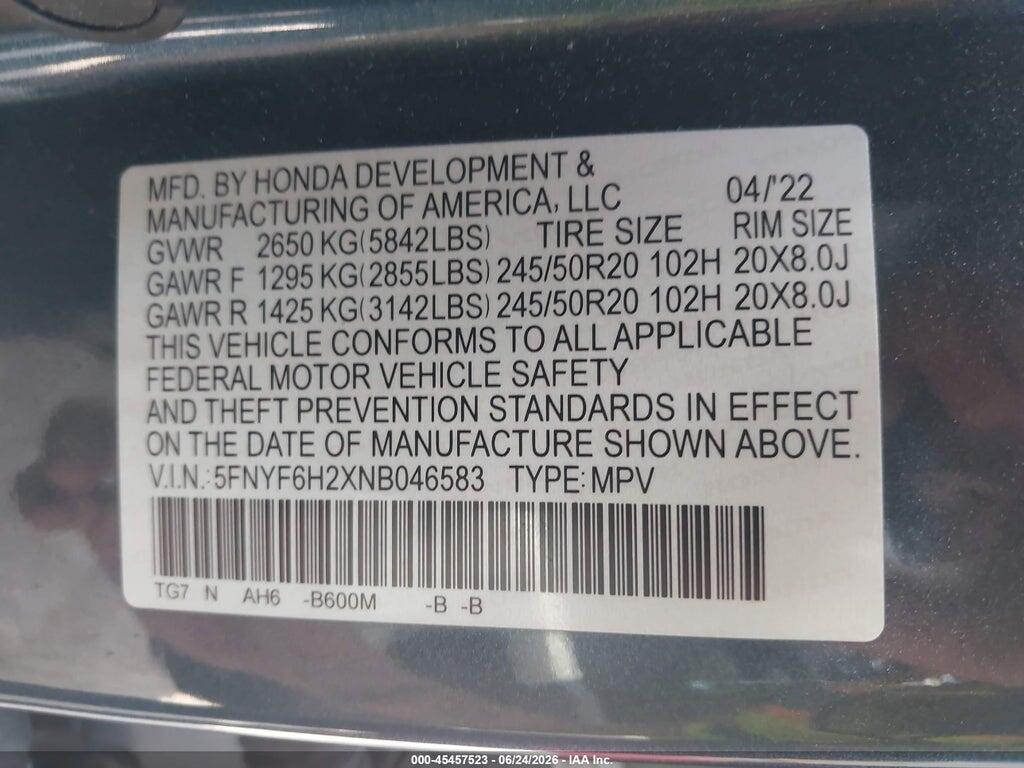 5FNYF6H2XNB046583 2022 HONDA PILOT photo no. 9