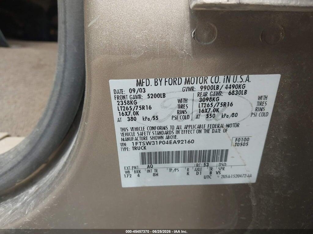 1FTSW31P04EA92160 2004 FORD F-350 photo no. 9