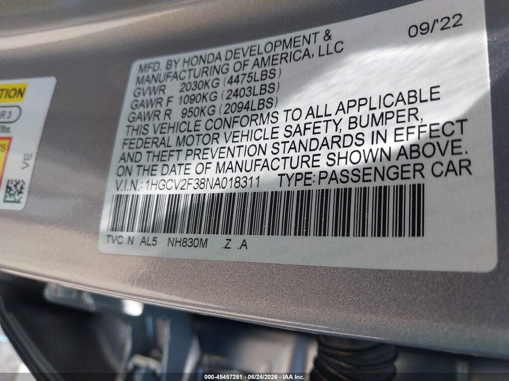 1HGCV2F38NA018311 2022 HONDA ACCORD photo no. 9