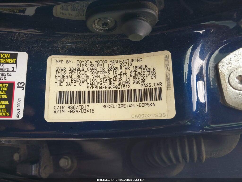 5YFBU4EE6CP021812 2012 TOYOTA COROLLA photo no. 9