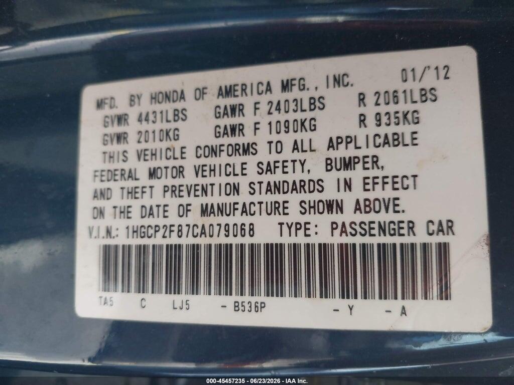 1HGCP2F87CA079068 2012 HONDA ACCORD photo no. 9
