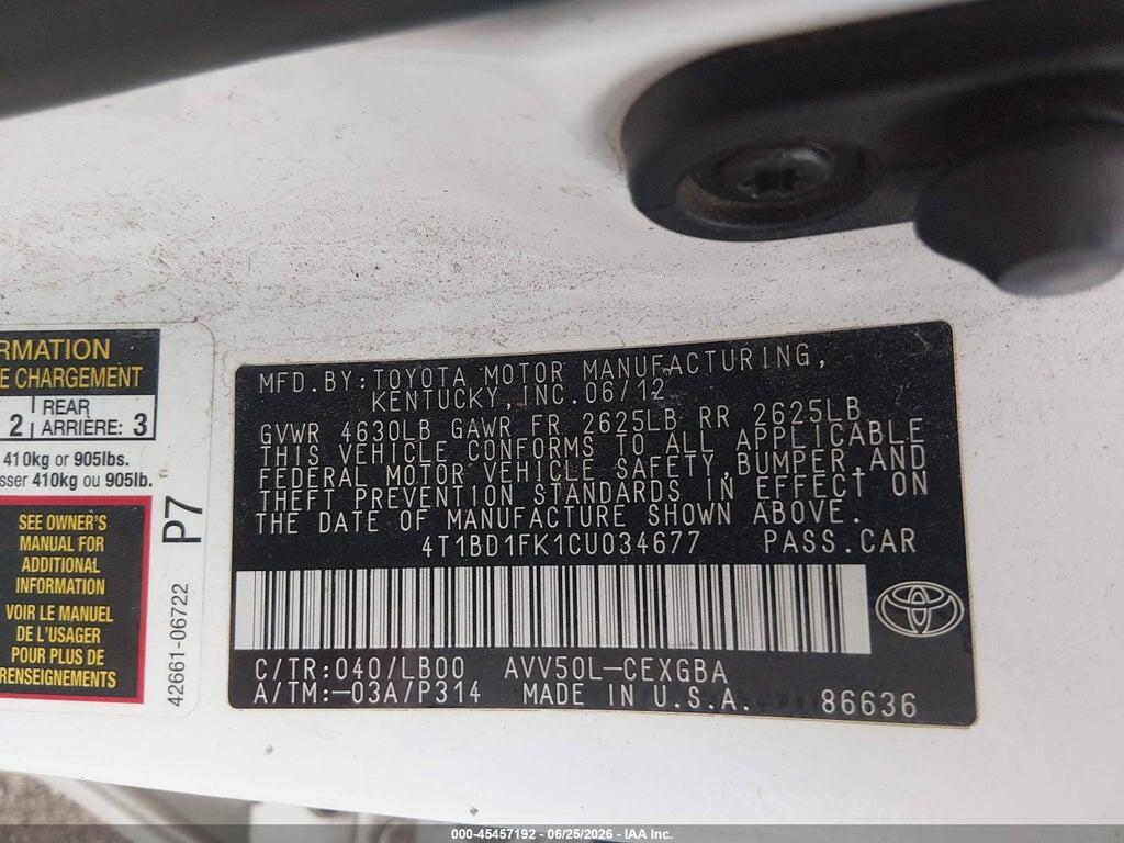 4T1BD1FK1CU034677 2012 TOYOTA CAMRY HYBRID photo no. 9
