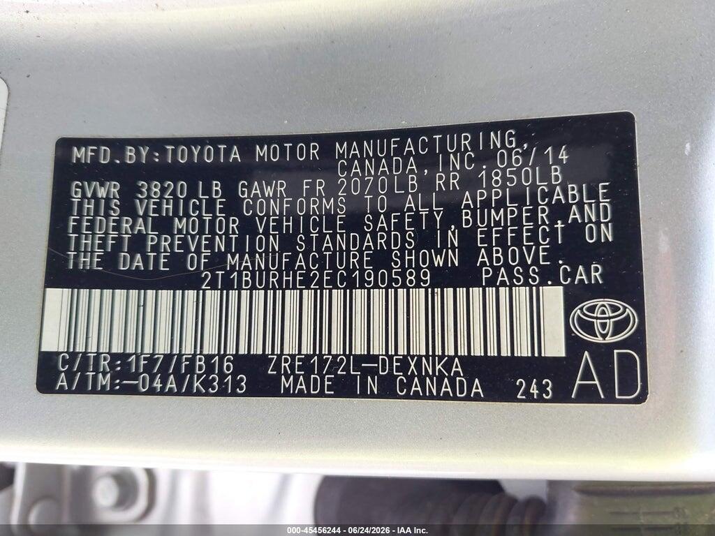2T1BURHE2EC190589 2014 TOYOTA COROLLA photo no. 9