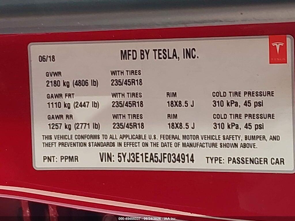 5YJ3E1EA5JF034914 2018 TESLA MODEL 3 photo no. 9