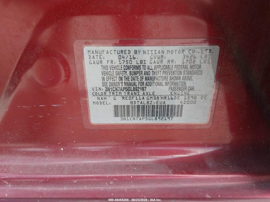 3N1CN7AP5GL892197 2016 NISSAN VERSA photo no. 9