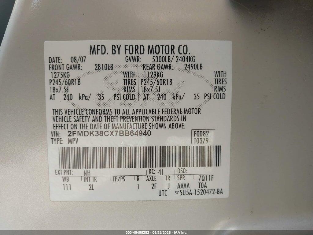 2FMDK38CX7BB64940 2007 FORD EDGE photo no. 9