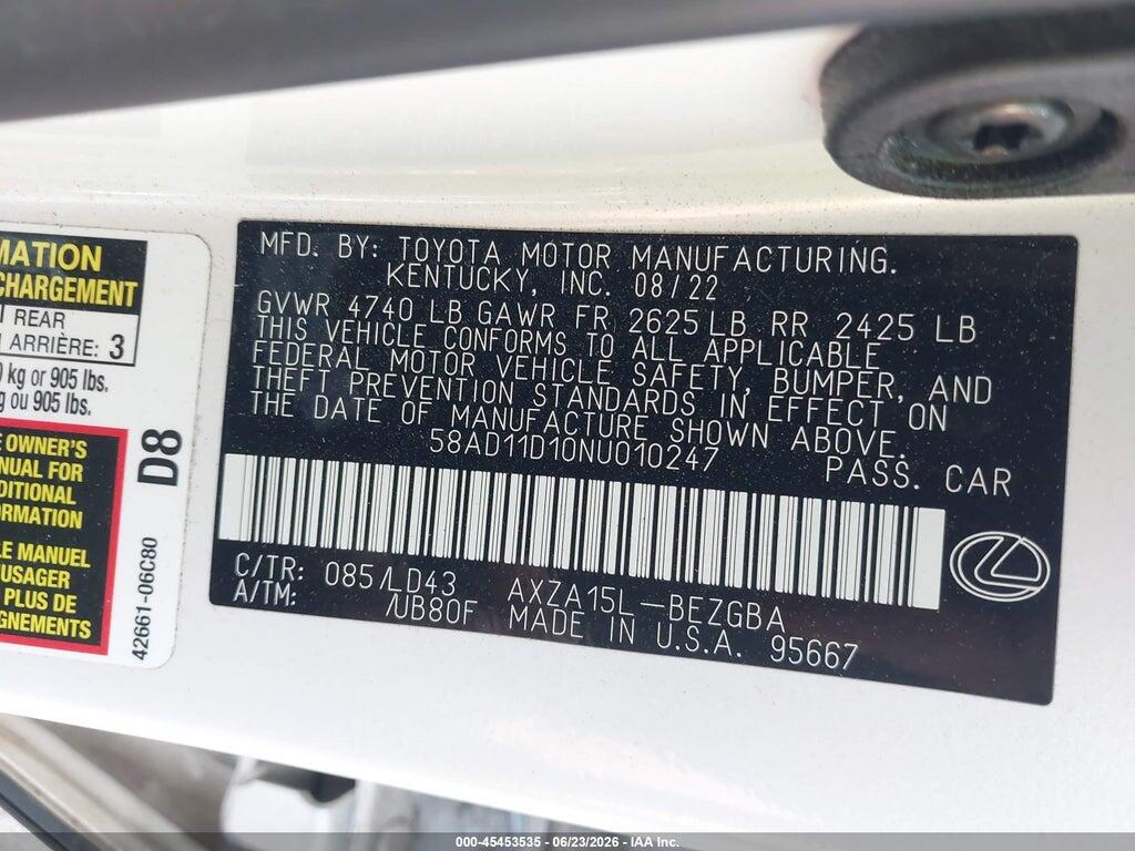 58AD11D10NU010247 2022 LEXUS ES 250 photo no. 9