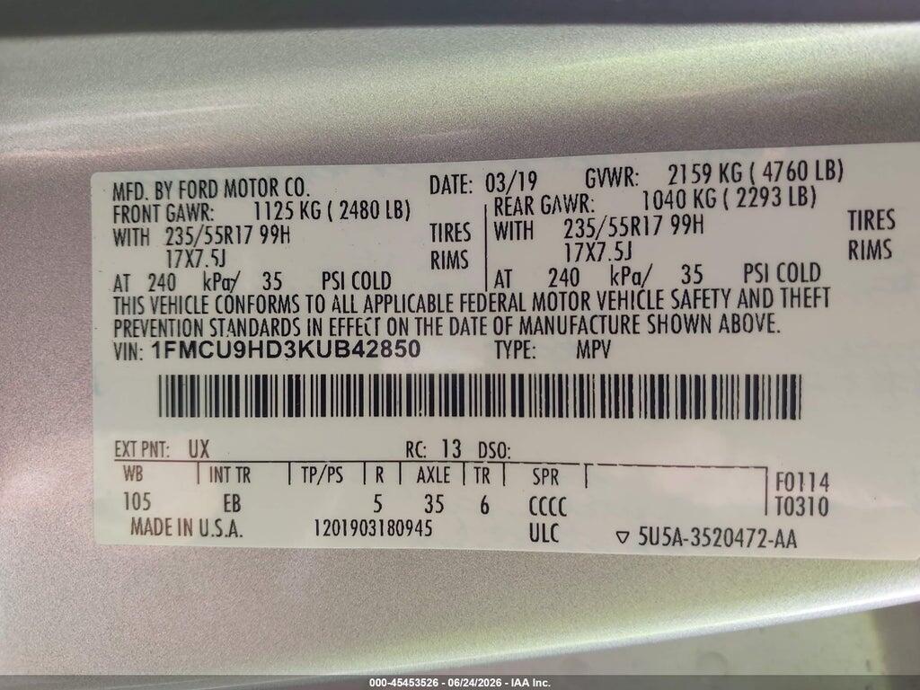 1FMCU9HD3KUB42850 2019 FORD ESCAPE photo no. 9