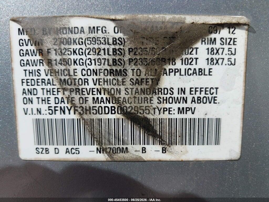 5FNYF3H50DB002955 2013 HONDA PILOT photo no. 9