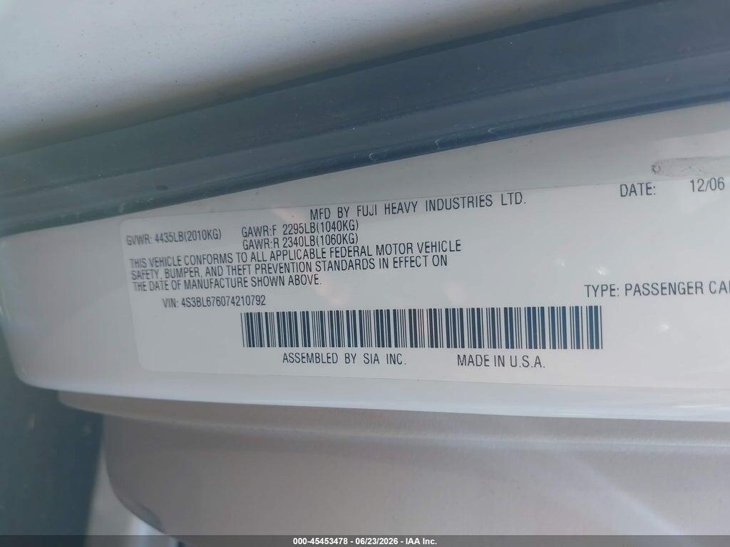 4S3BL676074210792 2007 SUBARU LEGACY photo no. 9
