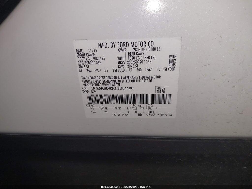 1FM5K8D82GGB61106 2016 FORD EXPLORER photo no. 9