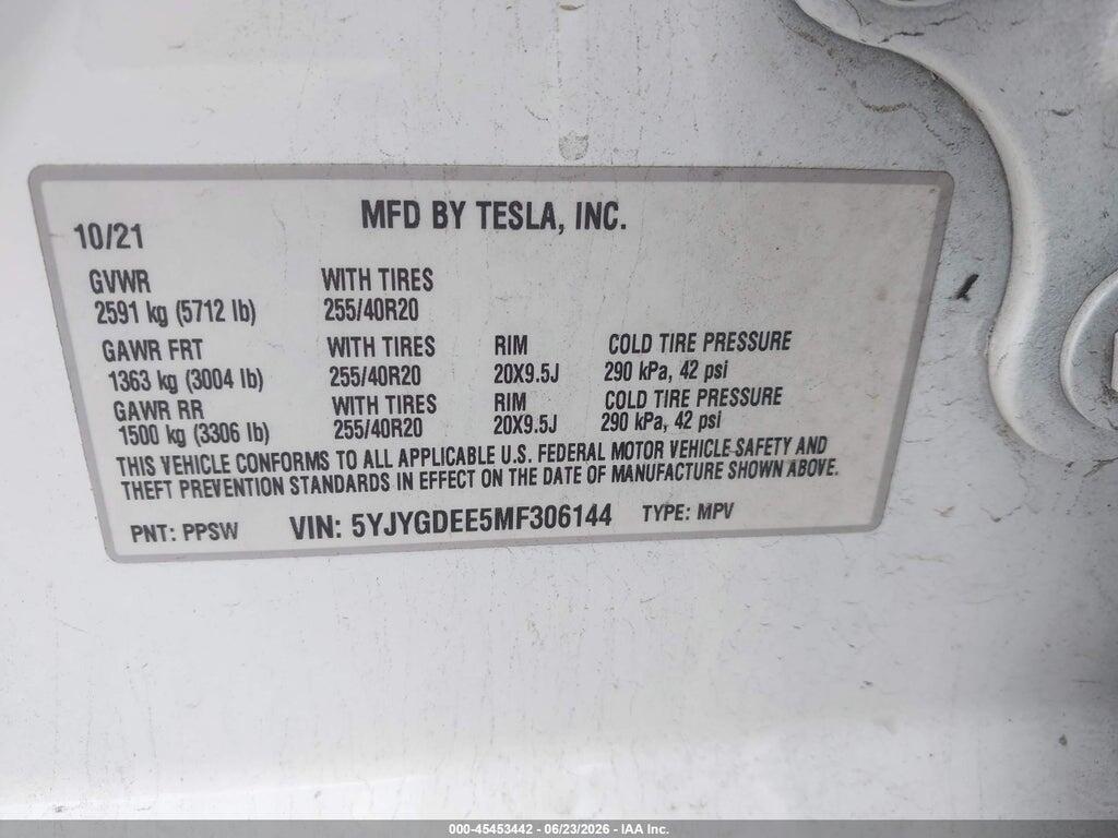 5YJYGDEE5MF306144 2021 TESLA MODEL Y photo no. 9