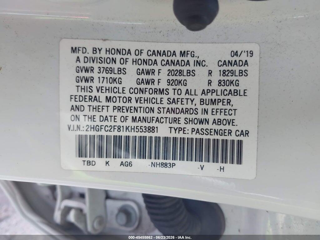 2HGFC2F81KH553881 2019 HONDA CIVIC photo no. 9