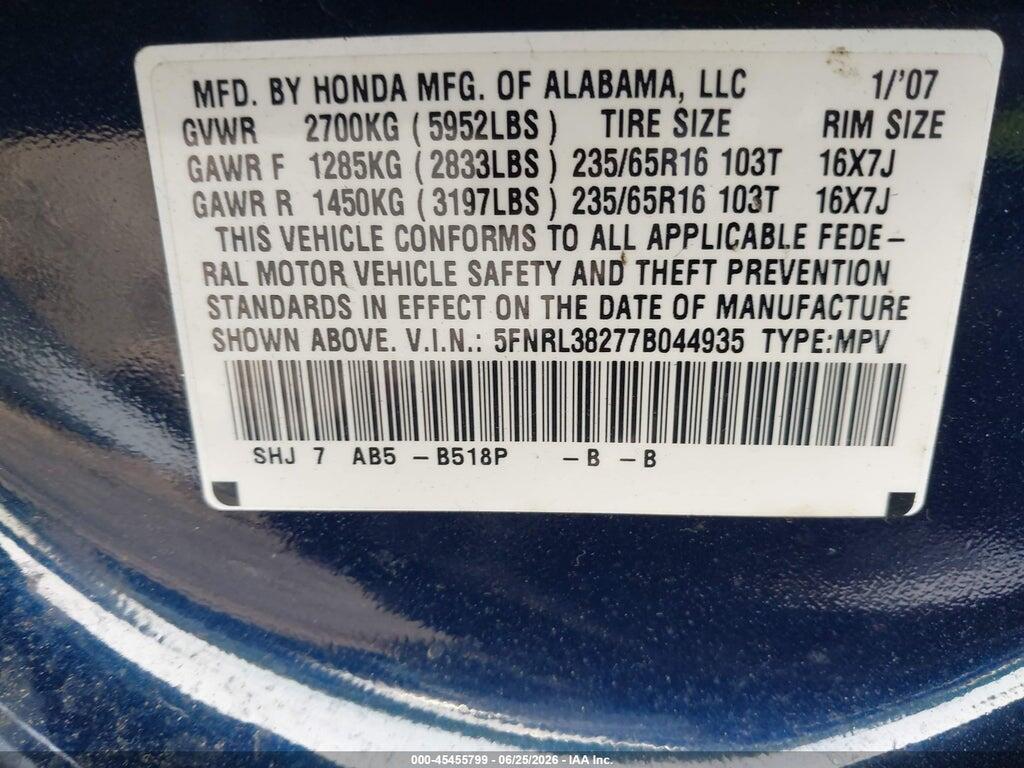 5FNRL38277B044935 2007 HONDA ODYSSEY photo no. 9