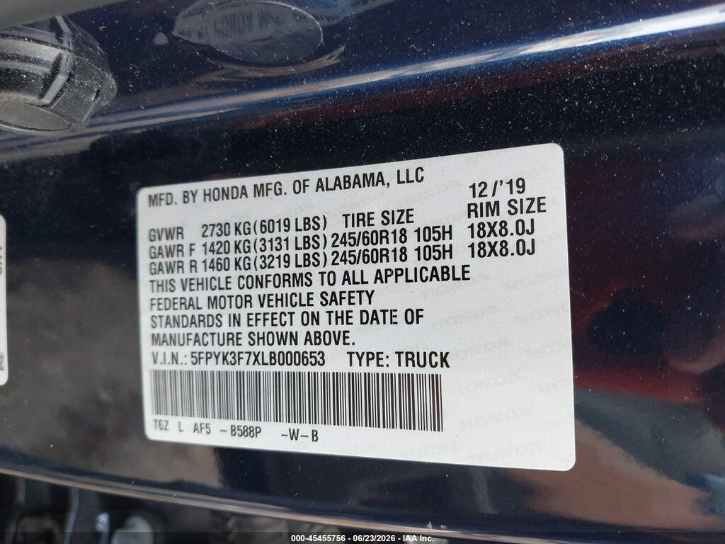 5FPYK3F7XLB000653 2020 HONDA RIDGELINE photo no. 9