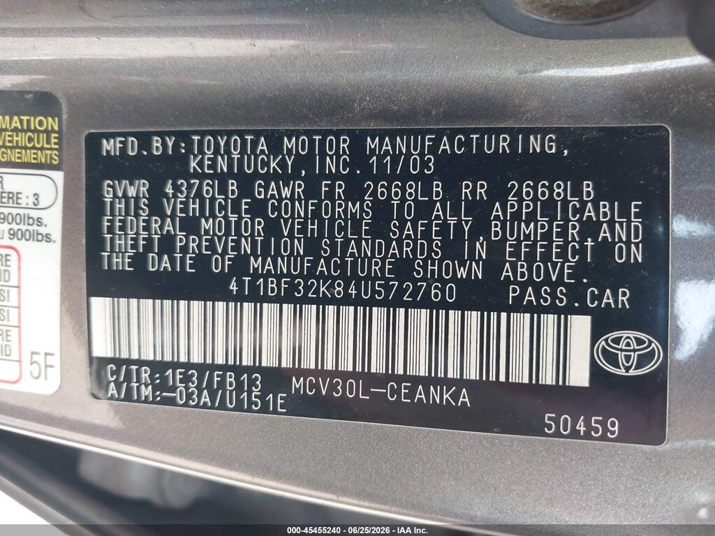 4T1BF32K84U572760 2004 TOYOTA CAMRY photo no. 9