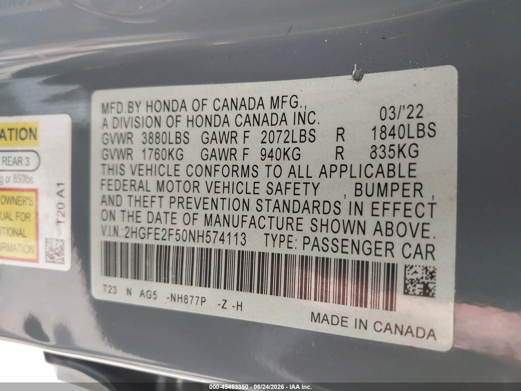 2HGFE2F50NH574113 2022 HONDA CIVIC photo no. 9