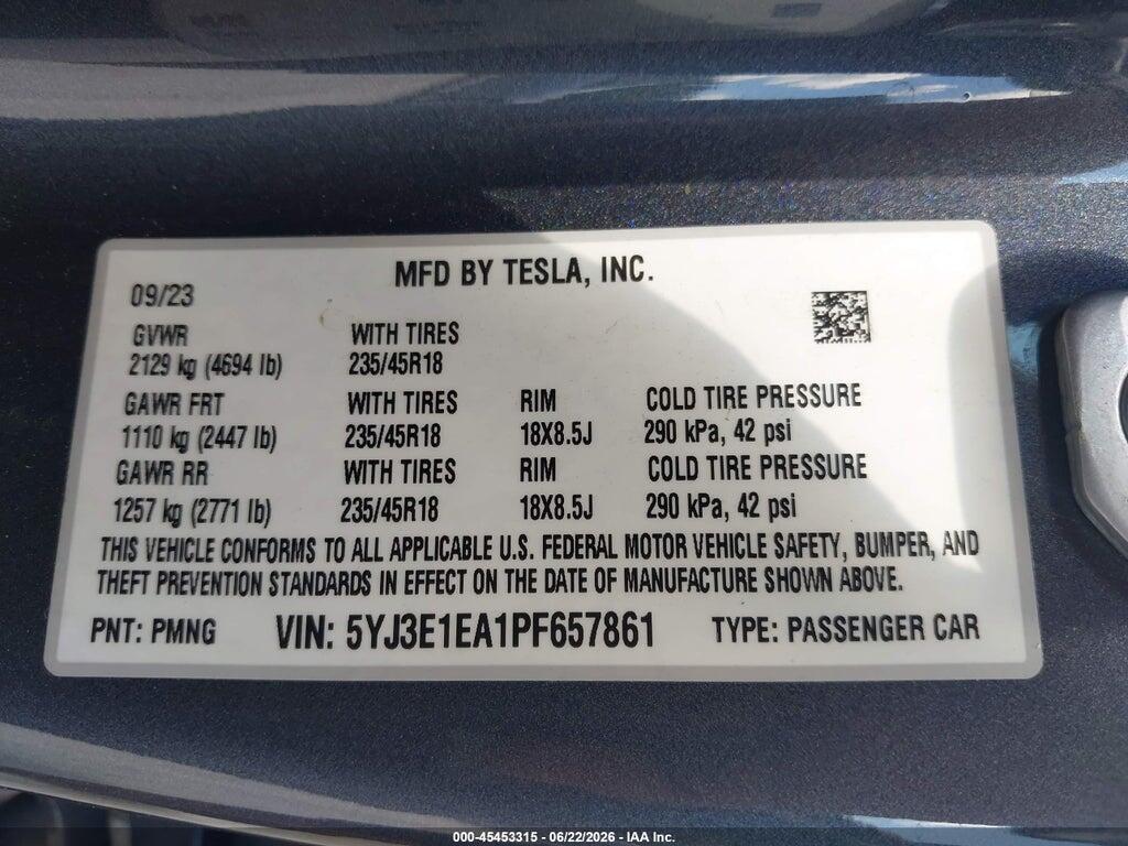 5YJ3E1EA1PF657861 2023 TESLA MODEL 3 photo no. 9