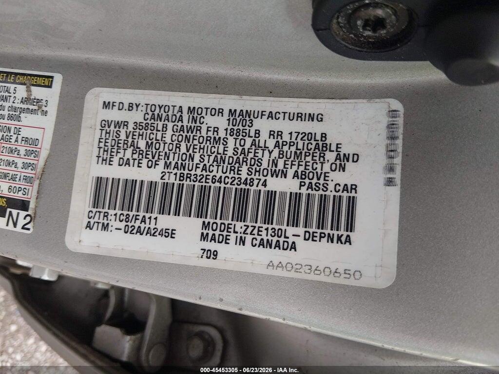 2T1BR32E64C234874 2004 TOYOTA COROLLA photo no. 9