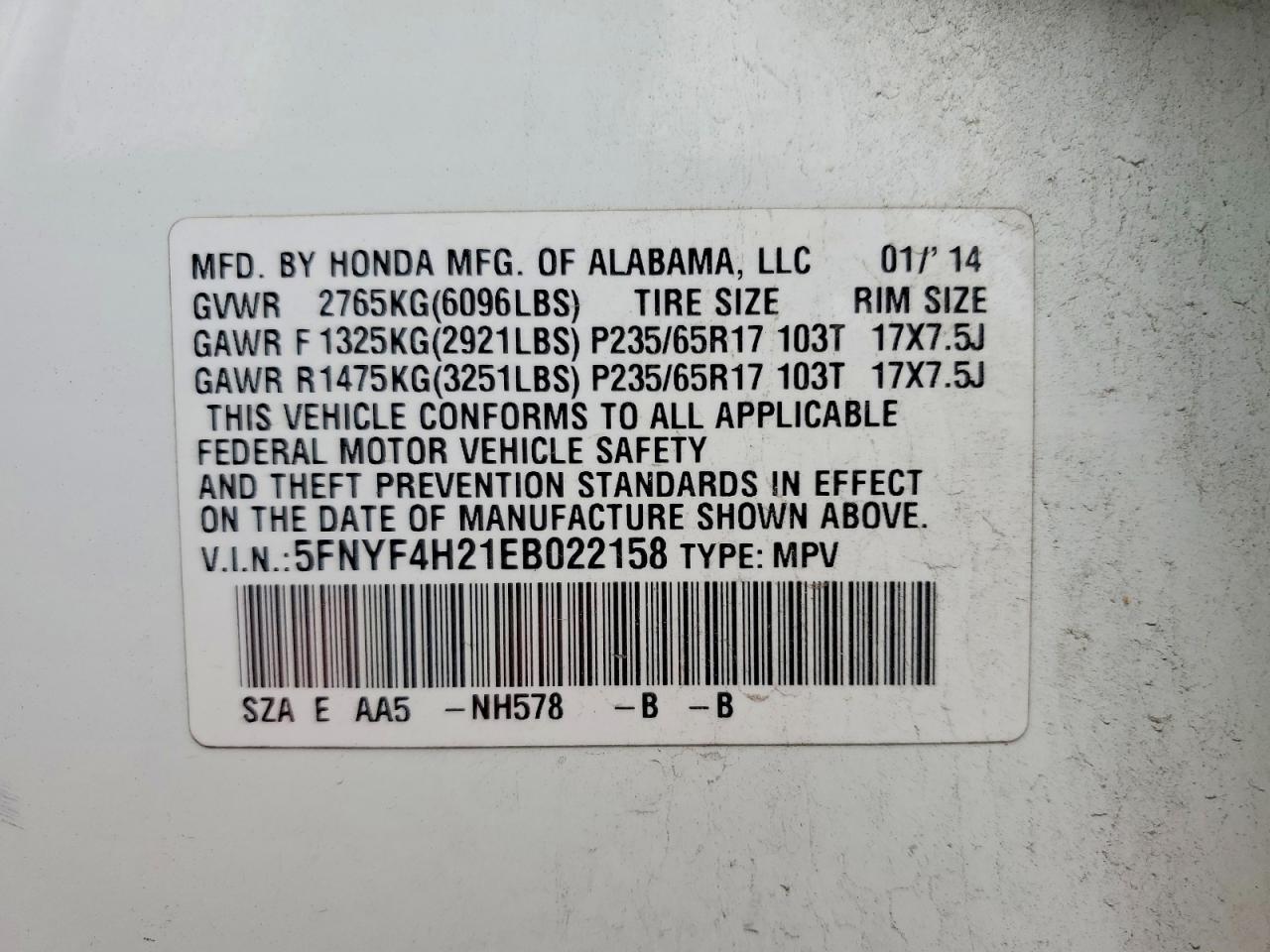 2014 HONDA PILOT LX — Фото 14 из 14