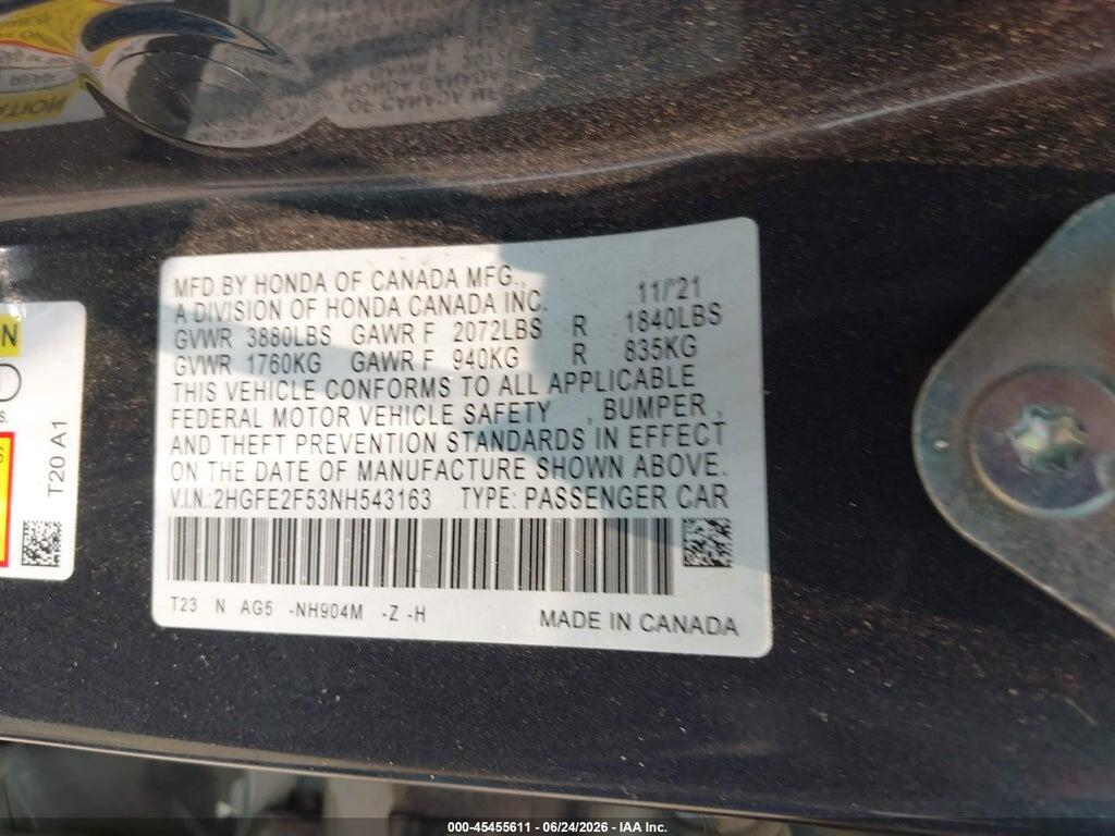 2HGFE2F53NH543163 2022 HONDA CIVIC photo no. 9