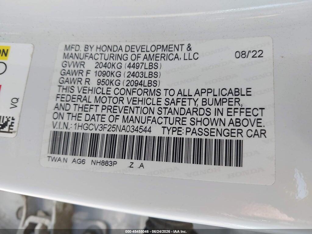 1HGCV3F25NA034544 2022 HONDA ACCORD HYBRID photo no. 9