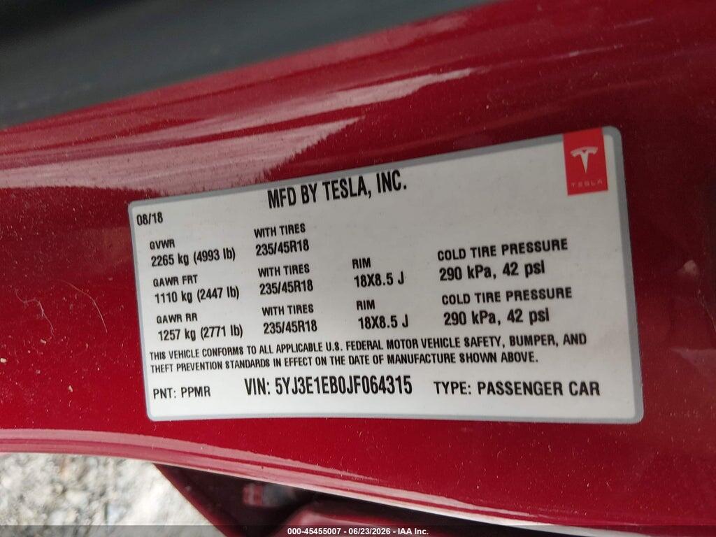 5YJ3E1EB0JF064315 2018 TESLA MODEL 3 photo no. 9