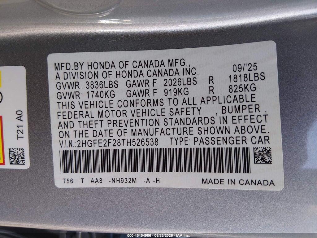 2HGFE2F28TH526538 2026 HONDA CIVIC photo no. 9