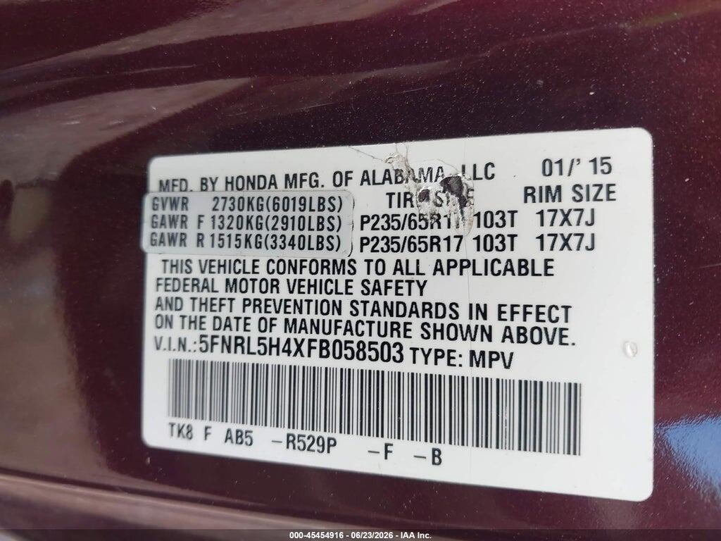 5FNRL5H4XFB058503 2015 HONDA ODYSSEY photo no. 9