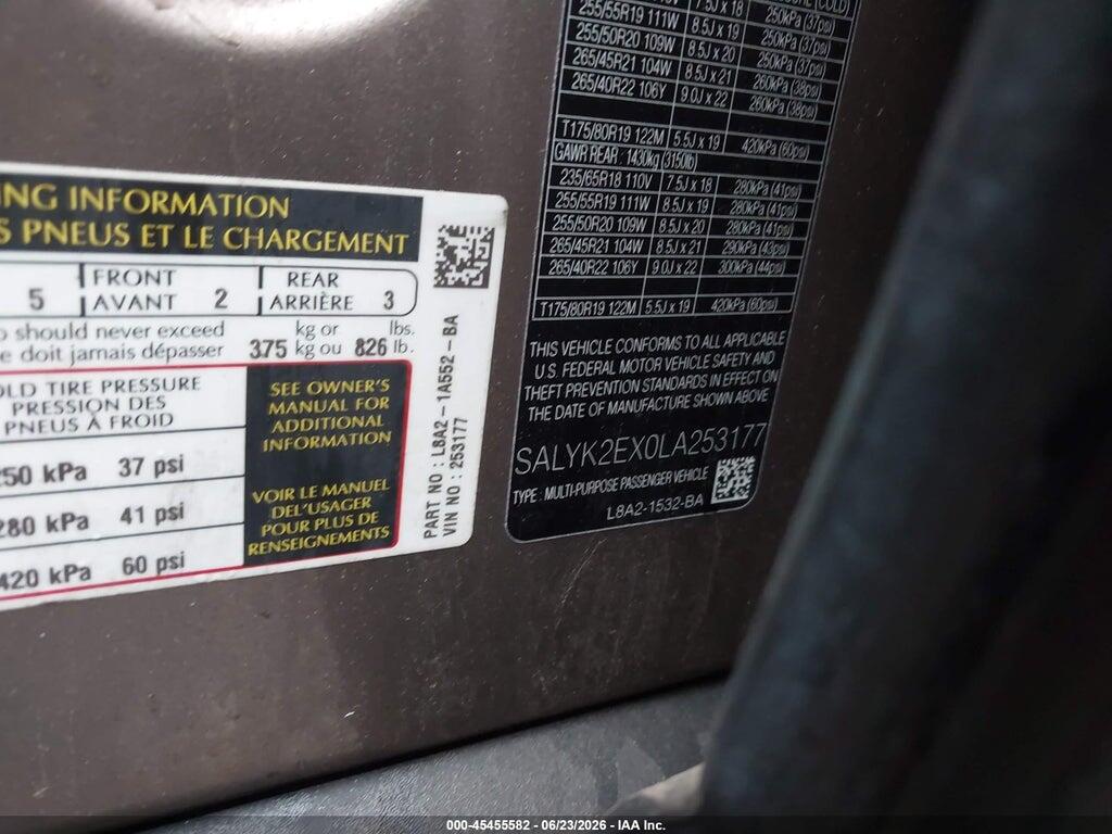 SALYK2EX0LA253177 2020 LAND ROVER RANGE ROVER VELAR photo no. 9