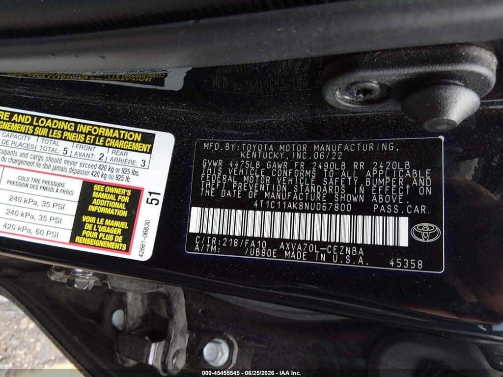 4T1C11AK8NU067800 2022 TOYOTA CAMRY photo no. 9